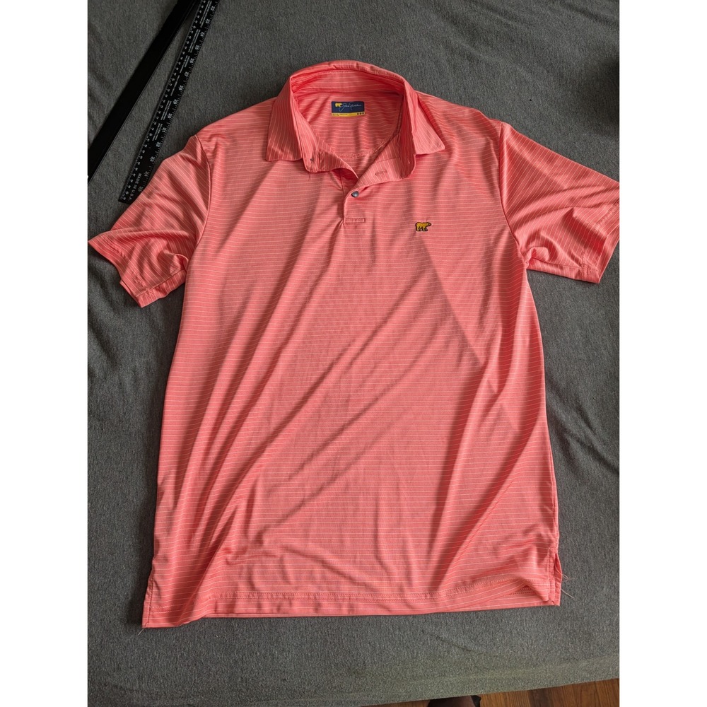Jack Nicklaus Mens Golf Polo Shirt Medium Coral Pink Striped Golden Bear Logo